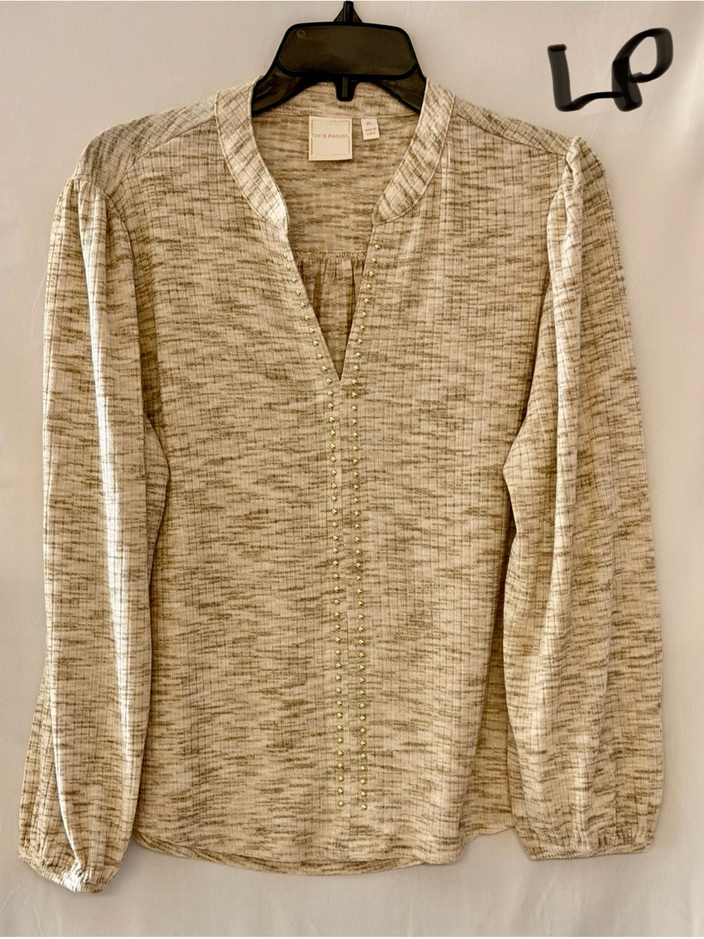 Zac & Rachel Marled Beige and Light Brown V-Neck Studded Blouse